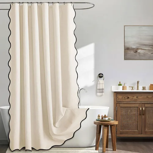 Miniatura 31 de MIULEE Cortina de ducha festoneada de lino texturizado con 12 ganchos de metal, bonita cortina de ducha de tela gruesa resistente, lavable, Negro