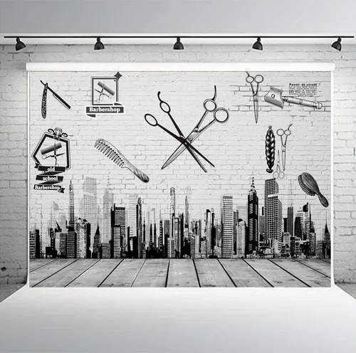 Herramientas de barbería telón de fondo, peine de corte de pelo, edificios de gran altura, pintura de pared, madera de piso, pancarta de mesa de