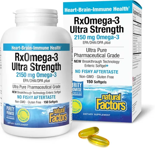 Natural Factors RxOmega-3 Ultra Strength 2150 mg - Aceite de pescado con ácidos grasos omega-3 - Apoyo para la salud del cerebro y el corazón -