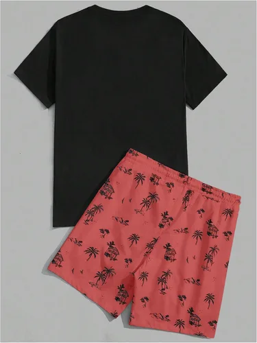 Miniatura 78 de GORGLITTER Conjunto de 2 piezas de camiseta gráfica de manga corta para hombre, estampado hawaiano con cordón y pantalones cortos