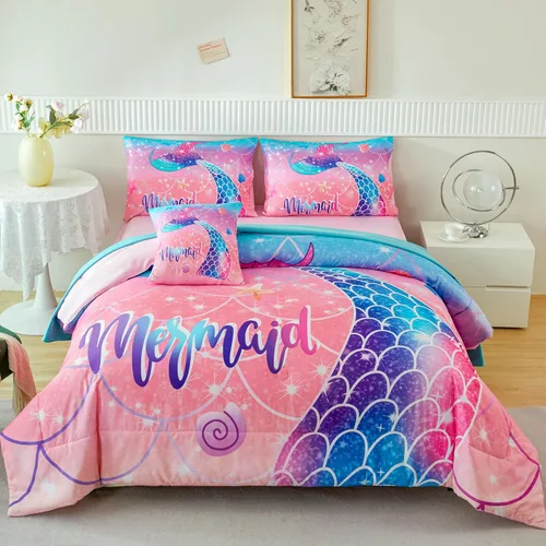 Miniatura 21 de RYNGHIPY Juego de ropa de cama tamaño matrimonial de sirena para niñas, colorido arco iris, juego de edredón con sábanas suaves y ligeras, 6 piezas