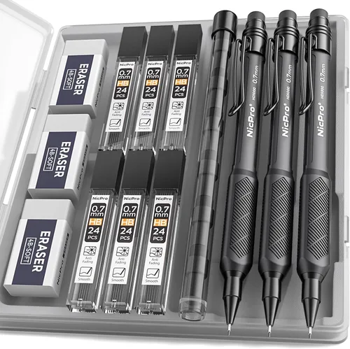 Nicpro Juego de lápices mecánicos de 0.7 mm con estuche, 3 lápices mecánicos HD1000 de 0.7 mm con 6 tubos de recambios de plomo HB, borrador, barril