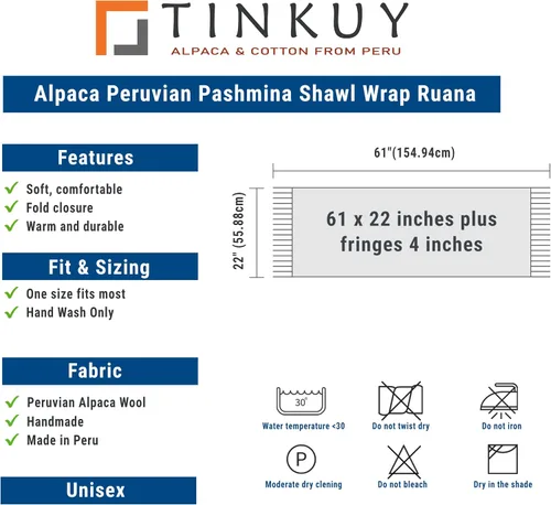 Miniatura 5 de TINKUY PERU - Chal de alpaca peruana de pashmina Ruana, 61 x 22 pulgadas, talla única