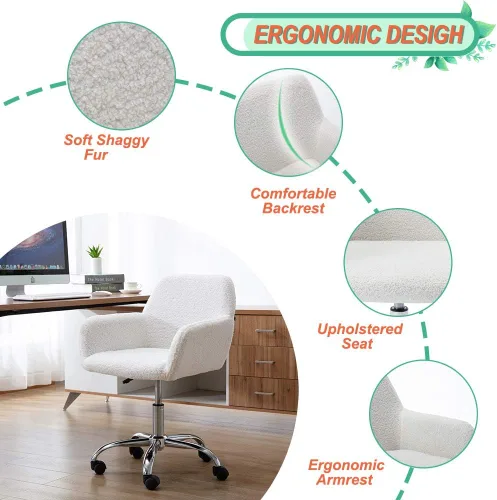 Miniatura 5 de Silla de tocador de piel sintética, elegante silla de tocador blanca esponjosa para niñas y mujeres, moderna silla tapizada para oficina en casa