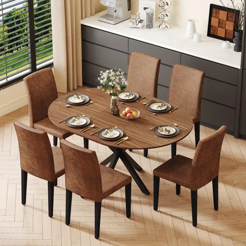Juego de mesa de comedor redonda para 6, juego de mesa de comedor extensible de 43-59 pulgadas, mesa de grano de madera de nogal y 6 sillas Marrón -