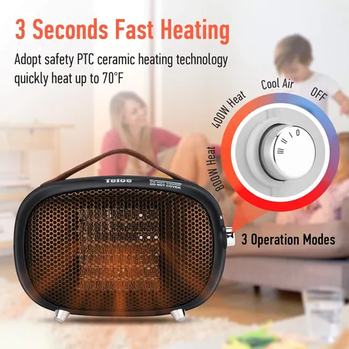 Miniatura 3 de Calentador de Espacio, Teioe Mini Calentador de Espacio Eléctrico 800W/400W, Pequeño Calentador de Cerámica PTC con Protección contra Vuelco y Blanco