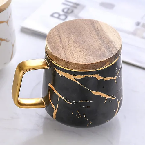 Miniatura 6 de LUCCK Taza de café de cerámica con tapa de madera, taza de té de 14.5 onzas, tazas de café de mármol con incrustaciones doradas de lujo con tapa
