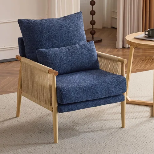 Karl home Acogedora silla decorativa de felpilla con almohada lumbar y brazos de ratán, silla moderna para sala de estar, dormitorio, rincón de Azul
