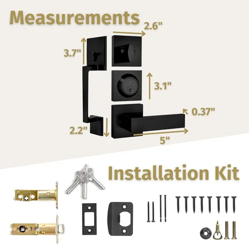 Miniatura 6 de Mega Handles - Juego de manijas de puerta de entrada TOBELLE en acabado negro mate - Manija de un solo cilindro con palanca para puertas de entrada