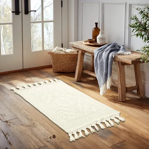 Miniatura 4 de COTTON CRAFT Alfombra tejida de área, paquete de 2 alfombras de algodón con textura jacquard, alfombra rústica bohemia con flecos, lavable a