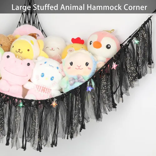 Miniatura 4 de Hamaca de animales de peluche con luces LED, red grande de almacenamiento de juguetes de 59 pulgadas para dormitorio de niños, organizador de felpa