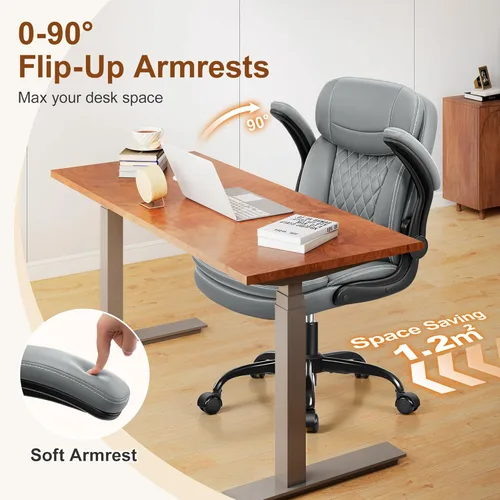 Miniatura 6 de Silla de oficina de piel, sillas de escritorio de computadora de poliuretano mejoradas con cojín de asiento de doble capa y reposaespaldas, Gris