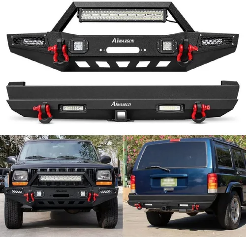 Miniatura 7 de Parachoques delantero para Cherokee XJ, AAIWA parachoques de acero con barra de luz LED y soporte de placa de cabrestante compatible con Cherokee XJ