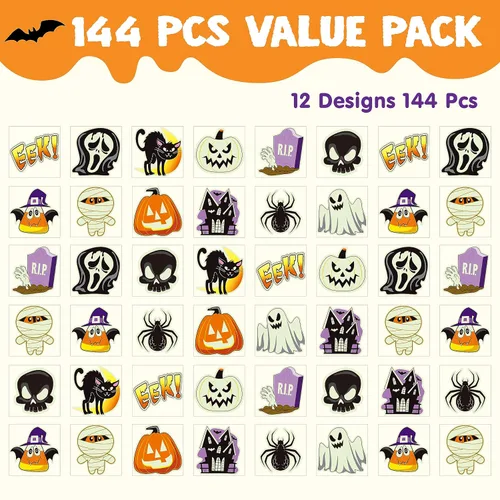 Miniatura 2 de JOYIN 144 tatuajes temporales brillantes de Halloween, 12 diseños luminosos de Halloween, calabaza, fantasma, calcomanías de tatuaje para niños