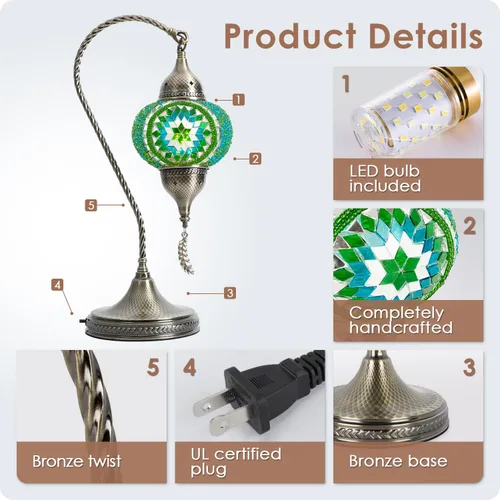 Miniatura 5 de Yarra-Decor Lámpara de mesa de mosaico turco marroquí con base de bronce, 3 opciones de color, hecha a mano, cuello de cisne, mosaico Tiffany, green2