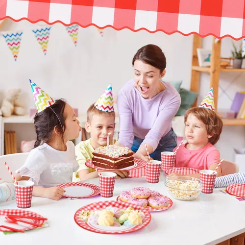 Miniatura 5 de Sieral 200 piezas de suministros de fiesta de cuadros rojos para 25 invitados, kits de vajilla desechable con platos de papel, vasos, servilletas