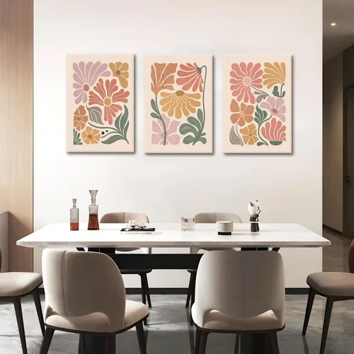 Miniatura 4 de TBKHUDBI Lienzo de flores bohemias para pared, impresiones florales abstractas, juego de 3 pósteres minimalistas de pintura botánica, mercado