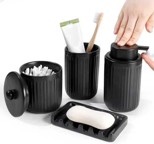 Miniatura 18 de BosilunLife Juego de accesorios de baño, juego de cerámica para decoración de baño, dispensador de jabón de espuma y soporte para cepillos