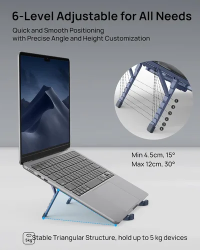 Miniatura 4 de SODI Soporte plegable ultra compacto para laptop, soporte portátil para escritorio y viajes, ajustable, ergonómico soporte de computadora de Azul