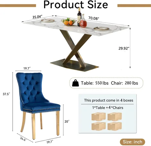 Miniatura 9 de Juego de mesa de comedor de mármol blanco de lujo para 4, 70 pulgadas, mesa de comedor de mármol blanco con 4 sillas de terciopelo azul y base