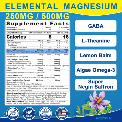 Miniatura 2 de Gomitas de complejo triple de magnesio de 500 mg/250 mg + Omega-3, azafrán para niños de 6 años y adultos, gomitas de magnesio calmadas con teanina