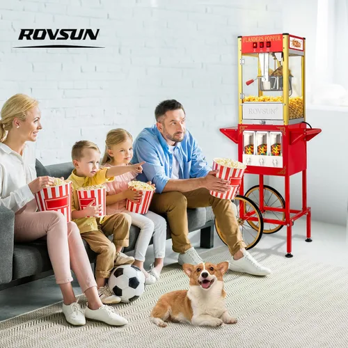 Miniatura 8 de ROVSUN Máquina de Palomitas de Maíz con Carro, Ruedas y Hervidor de 8 Oz Hace Hasta 32 Tazas Certificada ETL, Máquina de Palomitas de Maíz con Rojo