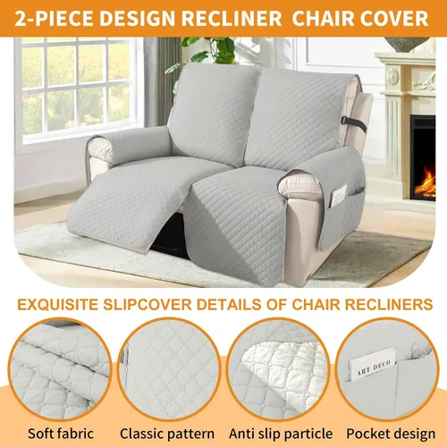 Miniatura 2 de XINEAGE Funda para Reclinable Resistente al Agua, Fundas para Reclinable Loveseat de 2 Asientos con Bolsillos, Funda Protectora para Reclinable Gris