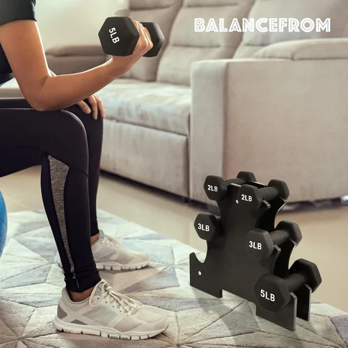 Miniatura 7 de BalanceFrom Neoprene Coated Iron Dumbbell Hex Weights Set with Stand – Color-Coded or Black Options with Non-Slip Grip for Strength Training