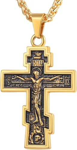 U7 Colgante de cruz ortodoxa rusamanos rezandosigno de Ichthys para hombres y mujeres, acero inoxidable chapado en oro de 18 quilates, collar