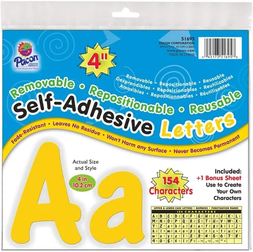 Pacon Letras autoadhesivas en mayúscula y minúscula de 4 pulgadas, 154 unidades, amarillo (51695)