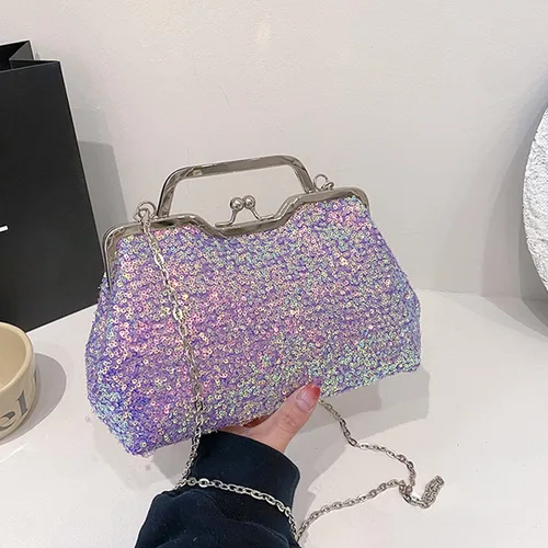 Miniatura 3 de Mini bolso de noche con lentejuelas con purpurina para mujer, bolso de mano de metal con asa superior, correa de cadena, bolso cruzado
