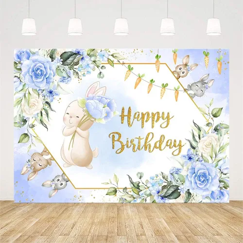 Miniatura 2 de AIBIIN Fondo de fiesta de feliz cumpleaños de 7 x 5 pies, conejito de primavera, Pascua, conejo, floral, mariposa, zanahoria, fondo de fotografía