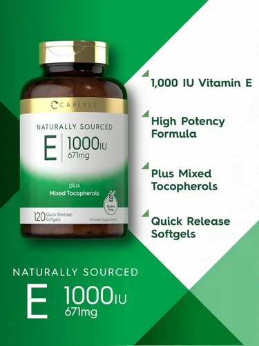 Miniatura 4 de Carlyle Cápsulas blandas de vitamina E de 1000 UI con tocoferoles mixtos 120 píldoras Suplemento de origen natural Fórmula sin OMG y sin