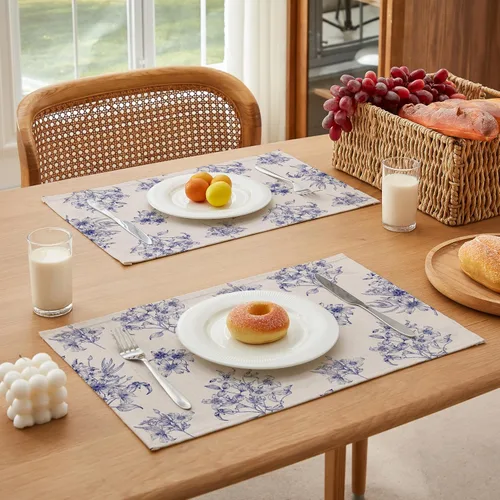 Miniatura 3 de LilyCat Manteles de tela de lino con estampado floral azul, manteles impermeables y duraderos de estilo bohemio para mesa de comedor, juego de 4