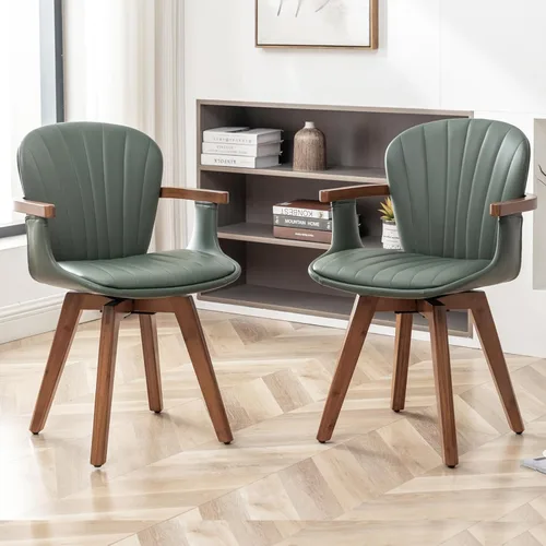 Miniatura 16 de LUNLING Sillas de comedor giratorias, sillas de cocina modernas de cuero sintético negro de mediados de siglo con brazos, patas de bambú, sillas