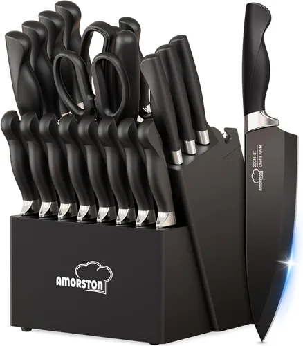 Juego de Cuchillos, Amorston 21 Piezas Juego de Cuchillos de Cocina con Bloque y Afilador, Juego de Cuchillos Ultra Afilados con Mangos Ergonómicos,