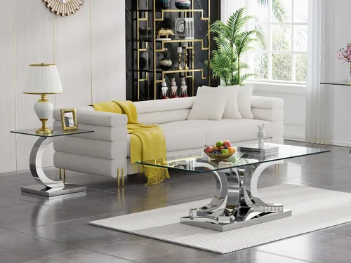 Miniatura 177 de Mesa de centro de cristal de lujo, mesa de centro de sofá de 47 pulgadas con marco de acero inoxidable dorado y parte superior de vidrio negro, mesa
