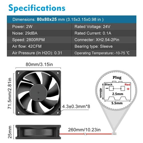 Miniatura 7 de Wathai Ventilador de enfriamiento de 3.150 in 24 V CC, 2 pines, 24 voltios, 3.150 in x 0.984 in, sin escobillas, ventilador de 3 pulgadas de alta