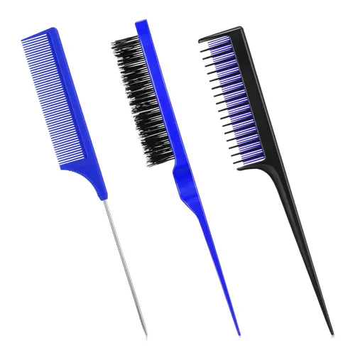 Miniatura 11 de Patelai Juego de 3 peines para peinar el cabello para mujer, cepillo para burlas/esponjoso, peine de cola de rata y peine triple (negro)