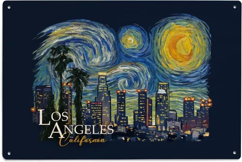 Los Ángeles, California, serie Starry Night City, letrero de pared de madera de abedul de contorno (decoración rústica del hogar de 6 x 9, arte