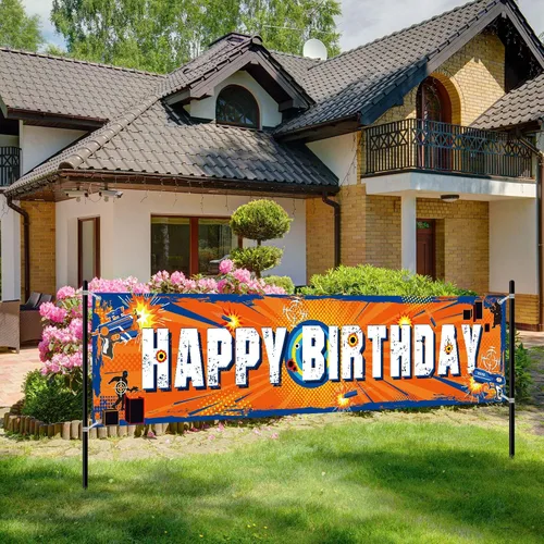 Sumind Dart Battle Party Supplies - Cartel de feliz cumpleaños horizontal, color naranja, decoración de fiesta de cumpleaños para niños, 71 x 16