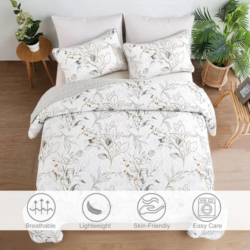 Miniatura 2 de Anibedding Juego de Edredón Gris King, 3 Piezas Reversible Elegante Patrón de Hojas Botánicas Grises Cubrecama Colcha Microfibra Suave Cubierta