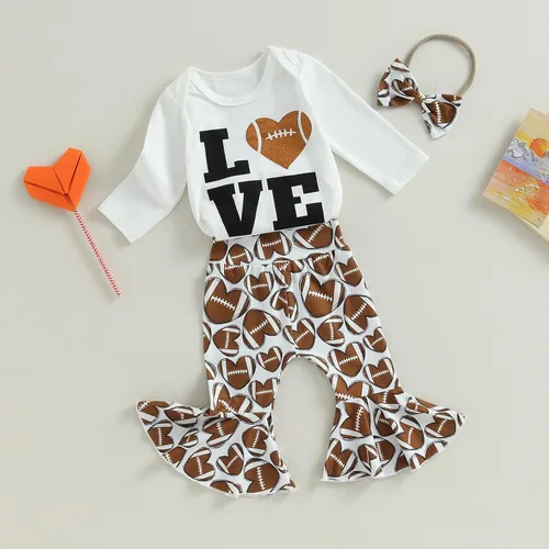 Miniatura 2 de BULINGNA 3Pcs Infant Baby Girl Football Season Outfits Love Bodysuit Romper Heart Shape Football Flared Pants with Headband