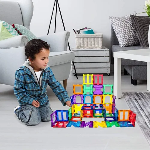 Miniatura 2 de PicassoTiles Magnet Tiles 42 piezas + 100 piezas de azulejos + 4 figuras de acción familiar, aprendizaje STEM de ingeniería magnética, bloques