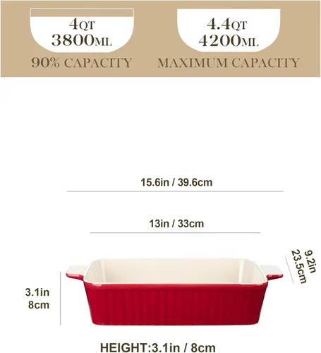 Miniatura 2 de MALACASA Fuente para hornear de 4.4 QT (cuartos de galón), fuente grande de 9x13 para cazuela para horno, molde de cerámica para hornear, molde Rojo