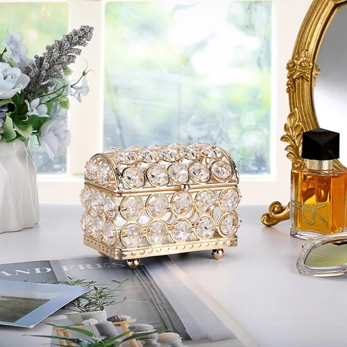 Miniatura 3 de ELLDOO Joyero de cristal, caja organizadora de aretes, anillos, decoración del hogar, caja decorativa con tapa, regalo dorado para San Valentín