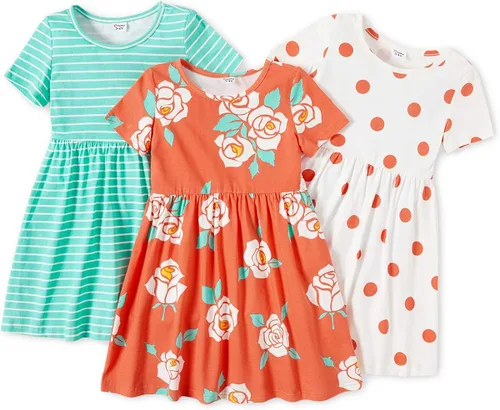PATPAT Paquete múltiple de vestidos florales para niña pequeña, paquete de 23 unidades, a lunares, manga corta, vestido de corte en línea A