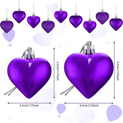 Miniatura 4 de Skylety 30 adornos de corazón para el día de San Valentín, decoraciones en forma de corazón, bolas colgantes para árbol para San Valentín, Morado