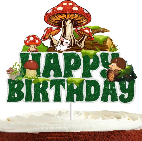 Decoración para tartas de hongos para niños y niñas, decoración de fiesta de hongos de bosque, decoración para tartas de cumpleaños con purpurina