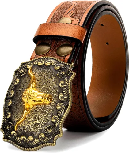 Miniatura 8 de Rodeo Western-Longhorn-Bull Cowboy-Belt para mujeres y hombres, cinturón de piel sintética con relieve floral para jeans